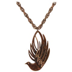 Retro Mid Century Modern signed Rebajes Dove Bird Copper Pendant Chain Necklace