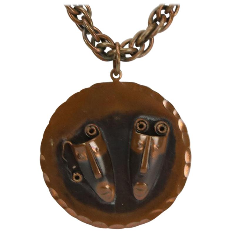 Mid Century Modern Rebajes Comedy and Tragedy Copper Medallion Necklace 