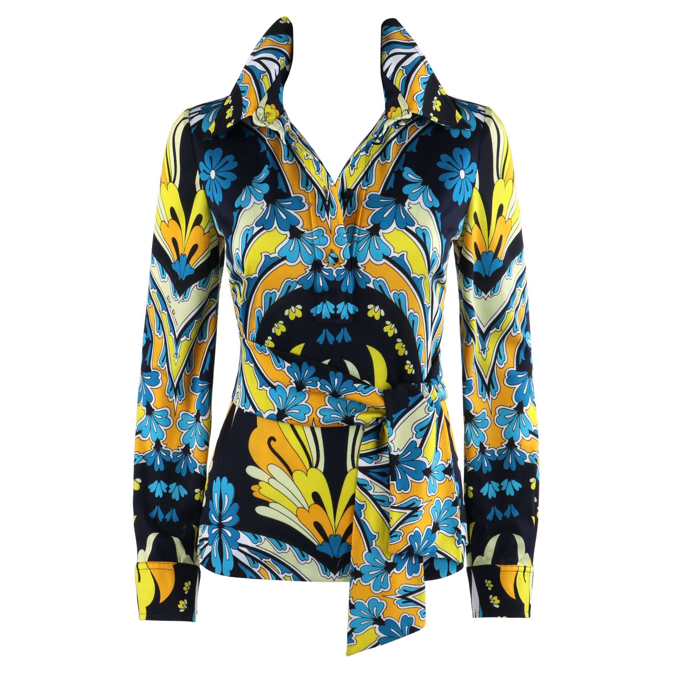 RITA RUSSO c.1970s Blue Yellow Abstract Floral Half Button-Front Blouse + Sash For Sale