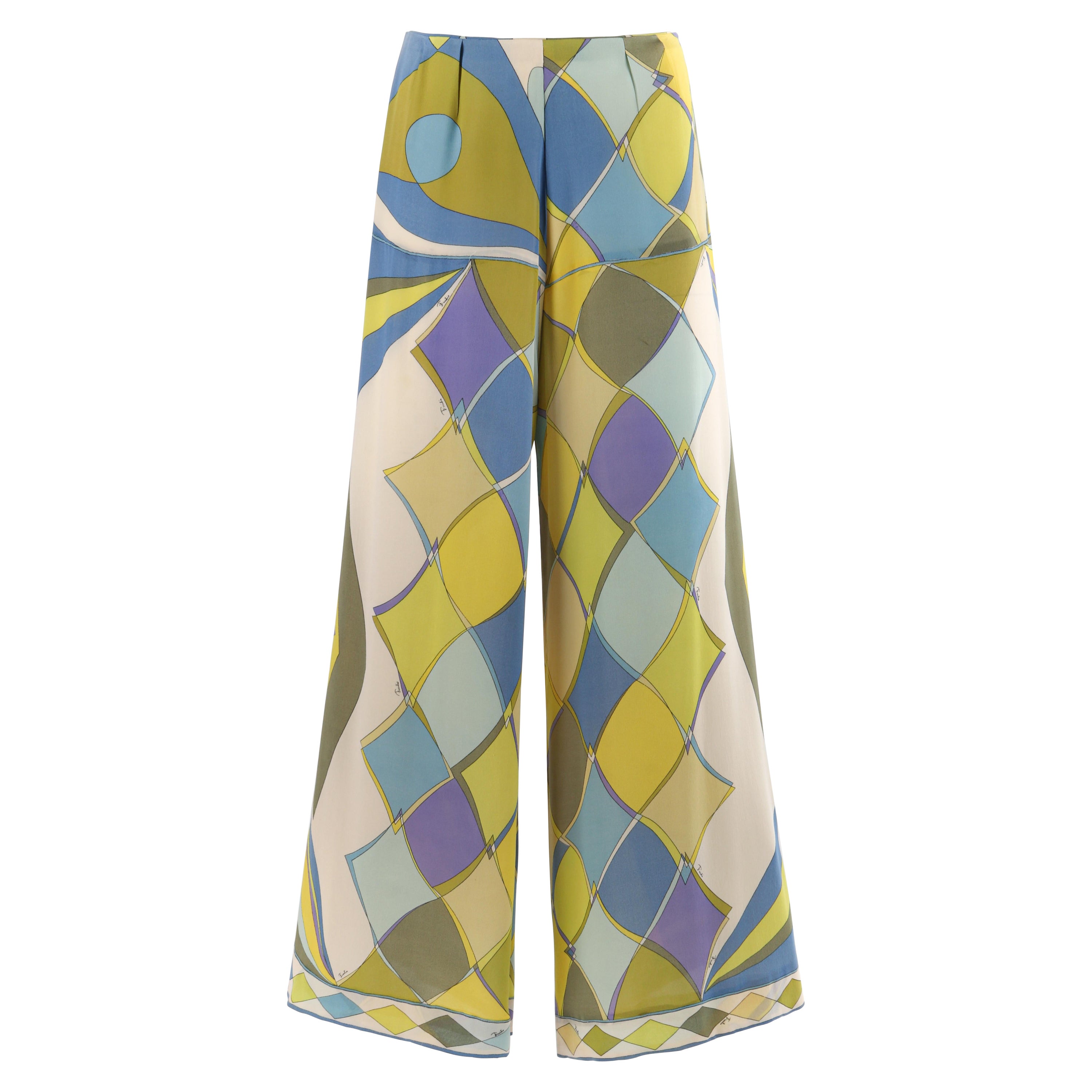 EMILIO PUCCI Saks Fifth Avenue c.1960's Blue Geometric Print Silk Wide Leg Pants For Sale