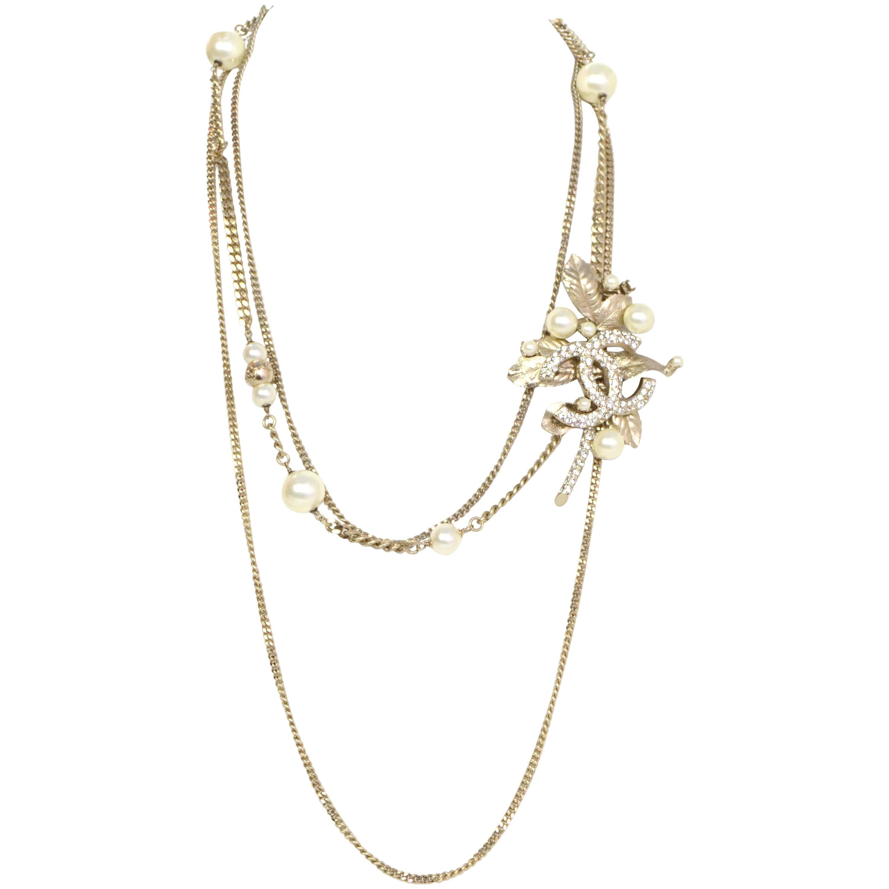 Chanel Pale Gold Pearl & Crystal CC Multi-Strand Necklace