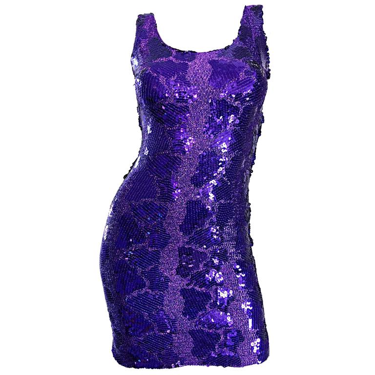 80s 90s Vtg Purple Sequin Bodycon Mini Dress High Collar Open Back Glam Pin Up Burlesque Women's Small