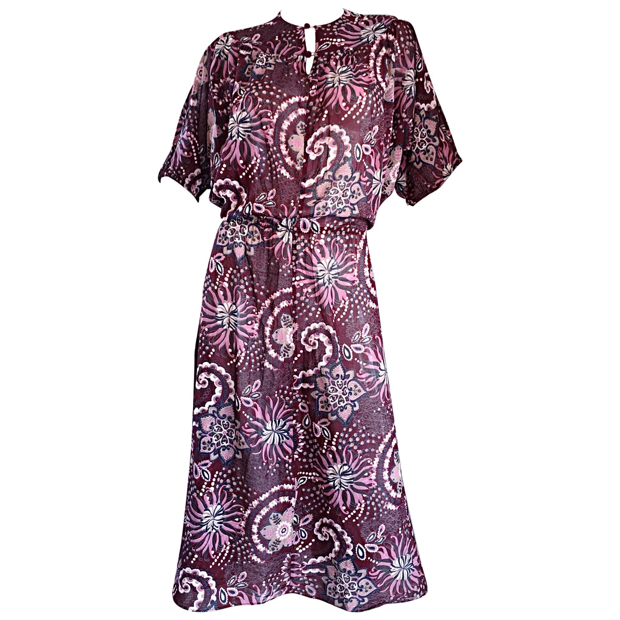 Amazing 1970s 70s Cotton + Silk Op - Art Dolman Sleeve Boho Bohemian Dress