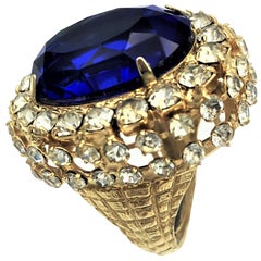 Large vintage Cocktail Ring blue rhinestone and clear rhinestones 1950s USA