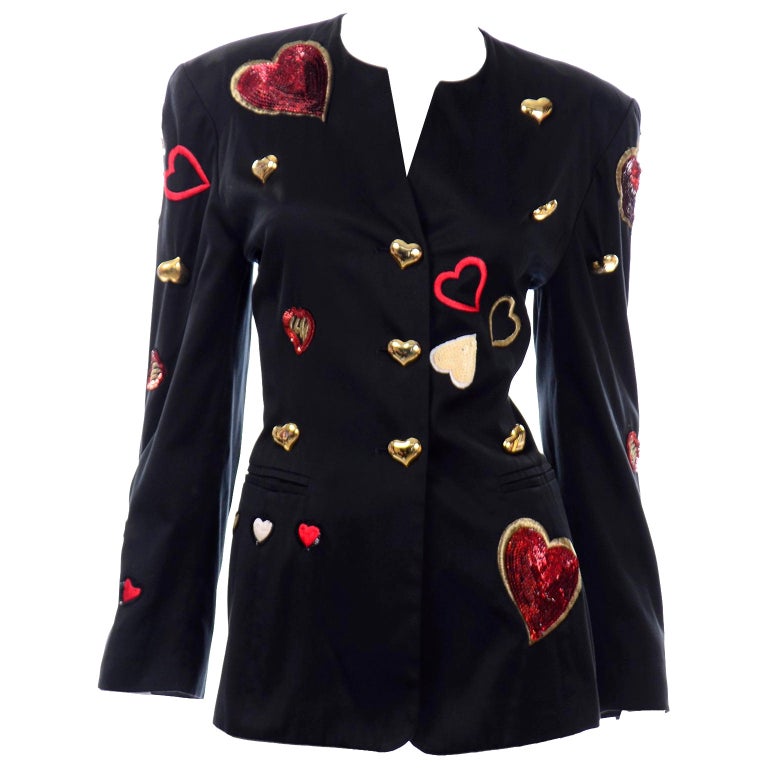 Vintage 1980s Escada Margaretha Ley Red Sequin Hearts Black Blazer Jacket For Sale