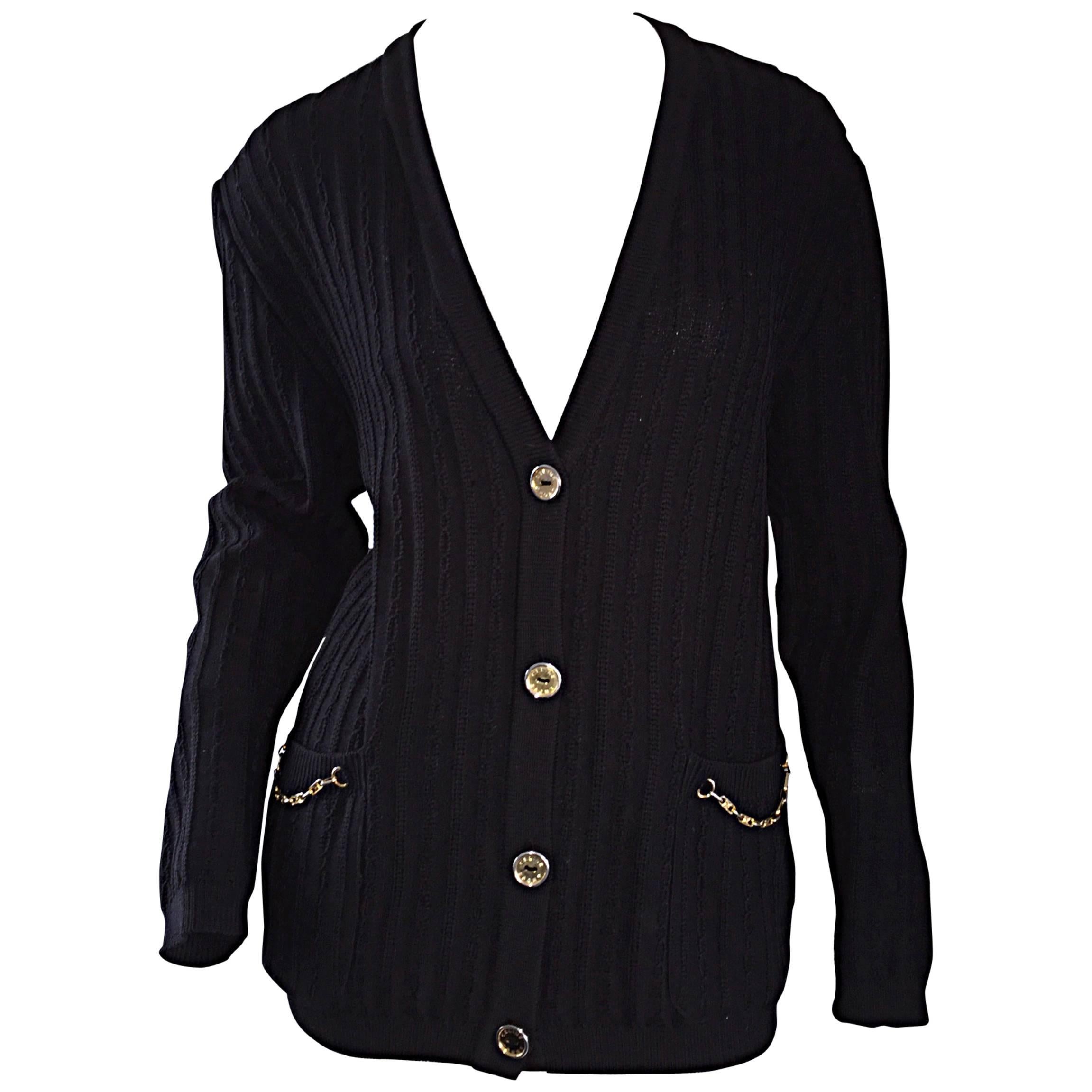 Vintage Celine Black Virgin Wool Ribbed Cardigan Sweater w/ Gold Horsebit Chains