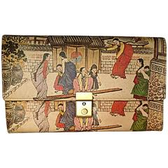 New Vintage Asian Themed Painted Novelty Chinese Oversized Leather Clutch Bag