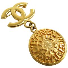 Chanel Gold Tone CC Chanel Paris Round Medallion Pin Brooch