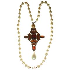 Chanel Byzantine Cross Necklace Pearls Gilt Metal Poured Glass 60s Goossens Rare 9