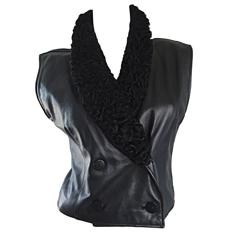 Pre-owned Valentino Vintage  Black Leather Double Breasted Vest W/ Persian Lamb Collar