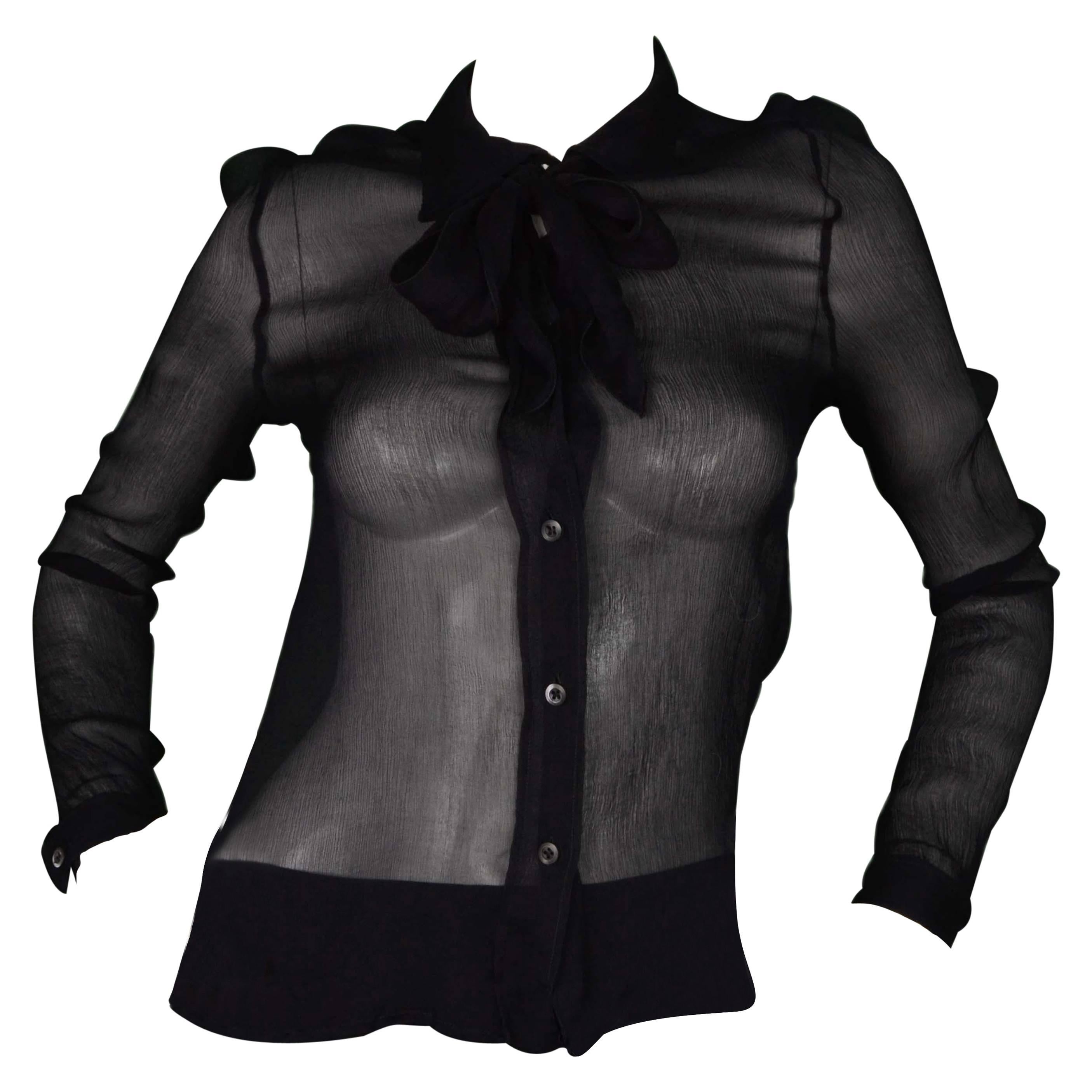 Prada Black Sheer Silk Long Sleeve Blouse sz 46