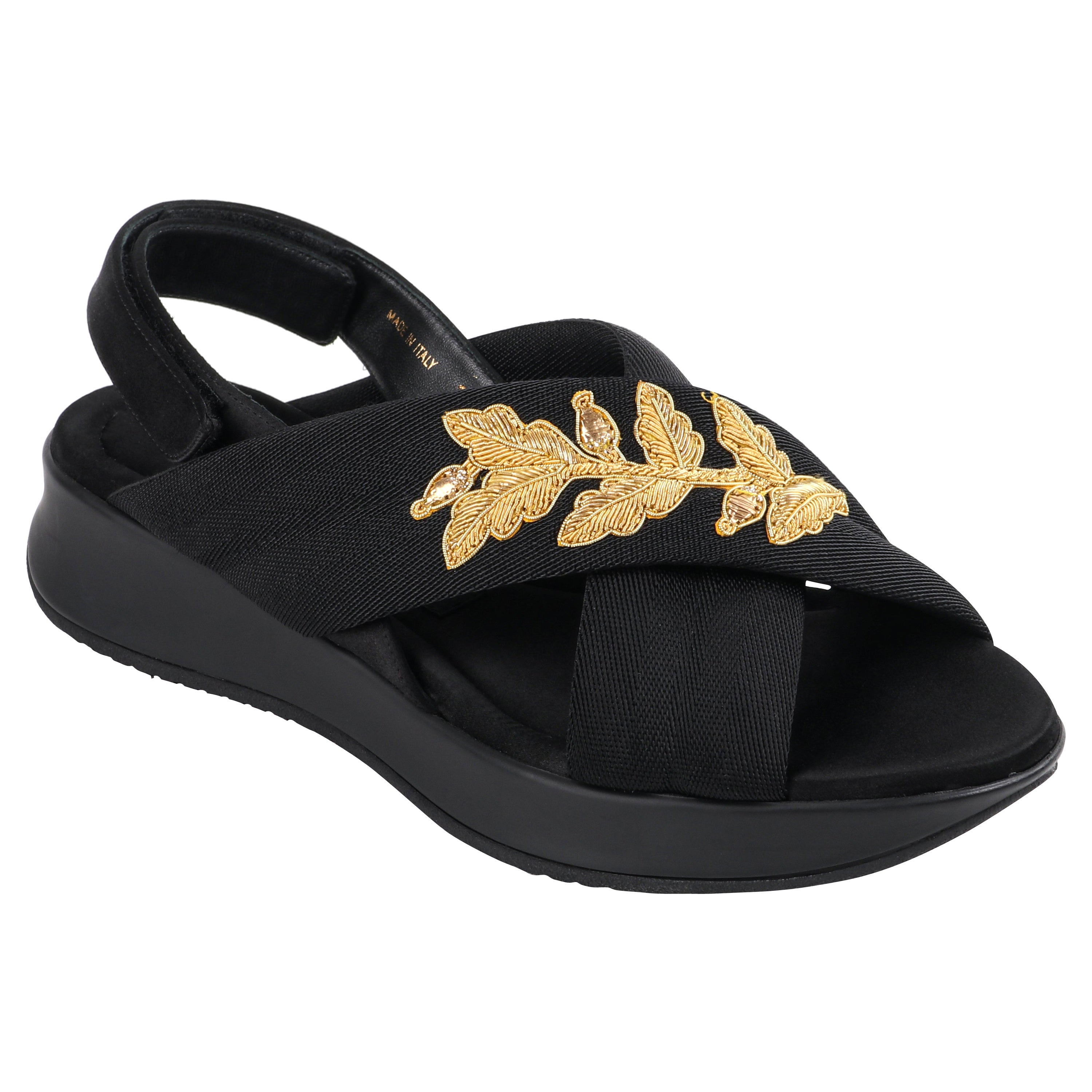 BURBERRY Prorsum S/S 2016 Criss Cross Embroidered Black Gold Adjustable Sandals  For Sale