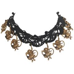 Hand Crocheted Leather Collar with Vintage Parisian Bronze Monkeys