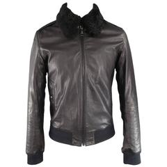 BURBERRY LONDON 38 Black Leather Detachable Faux Shearling Collar Bomber Jacket
