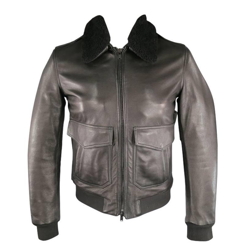 BLK DNM 40 Black Leather Detachable Faux Shearling Collar Bomber Jacket