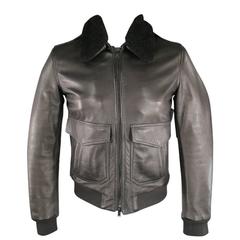 BLK DNM 40 Black Leather Detachable Faux Shearling Collar Bomber Jacket