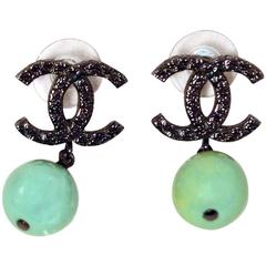 Chanel Gunmetal CC Logo Turquoise Bead Earrings