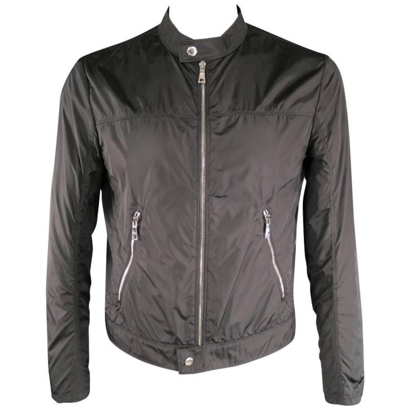 PRADA 40 Black Nylon Windbreaker Moto Style Zip Jacket