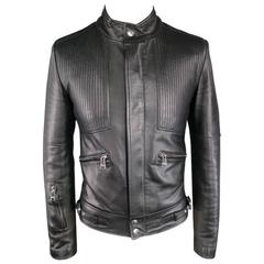 DOLCE & GABBANA Men's 36 Black Ribbed Leather Belt & Zip Moto Jacket
