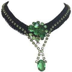 Large Emerald Green Cut Crystal Necklace Crocheted on Black Leather