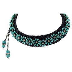 Vintage Coro Craft Turquoise Flower Necklace with Hand Crocheted Gunmetal Leathe