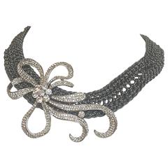 Vintage Swarovski Crystal Bow Collar Crocheted on Grey Leather