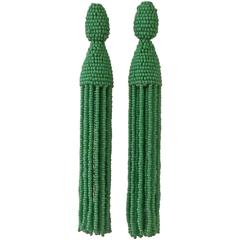 Oscar de la Renta Green Beaded Tassel Earrings