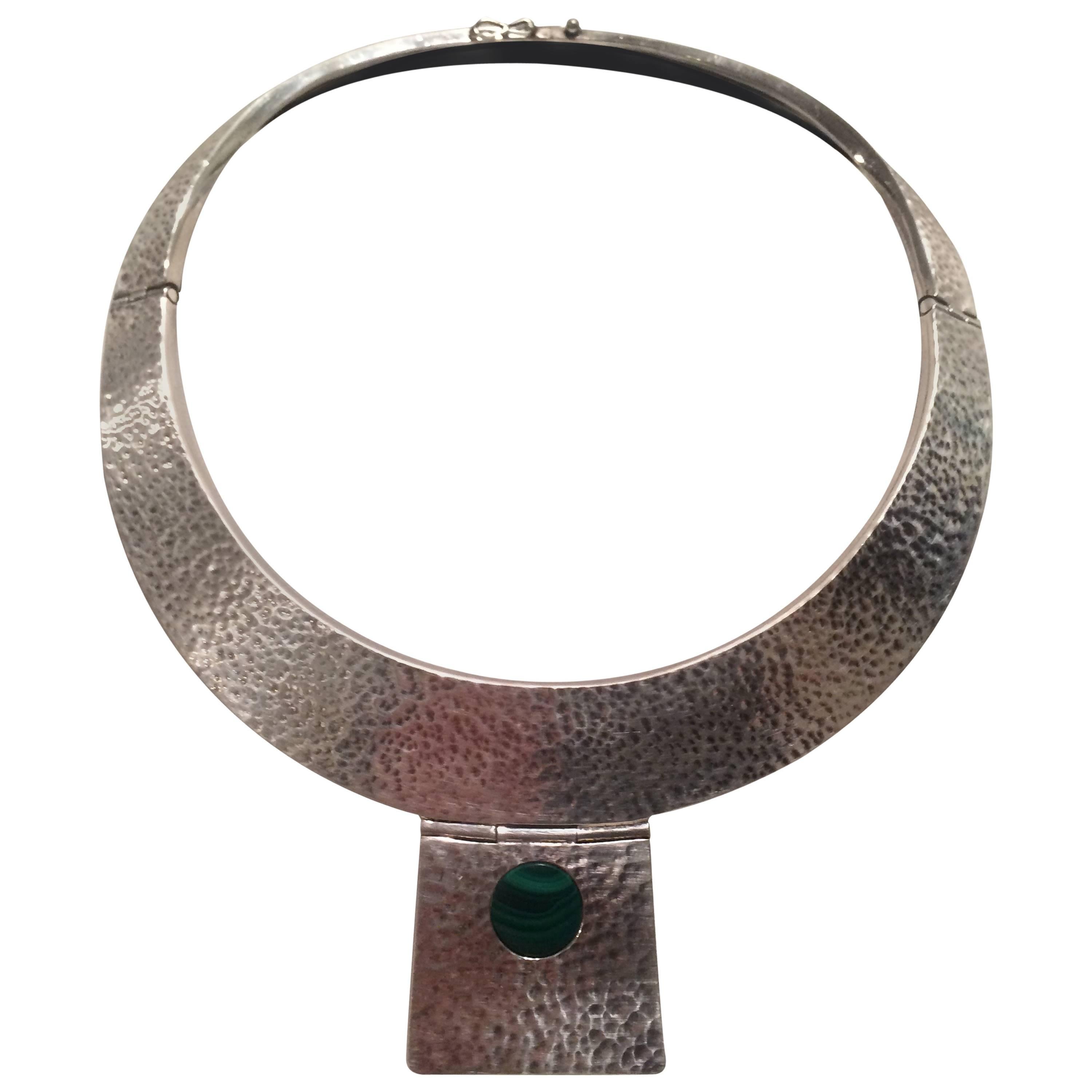 Sterling Silver Collar Necklace with Malachite from the Estate of Lydia Heston For Sale