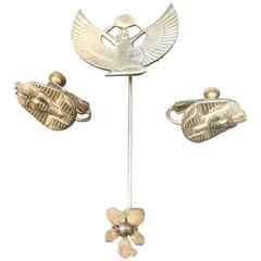 Miriam Haskell Egyptian Revival Stick Pin & Earrings ca 1970 6
