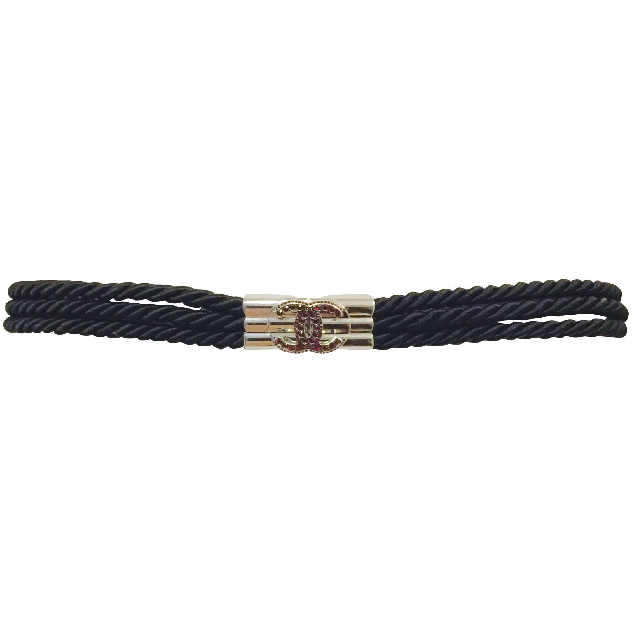 Chanel Spring 2005 Black Rope Belt With Double C Logo Buckle & Red Crystals