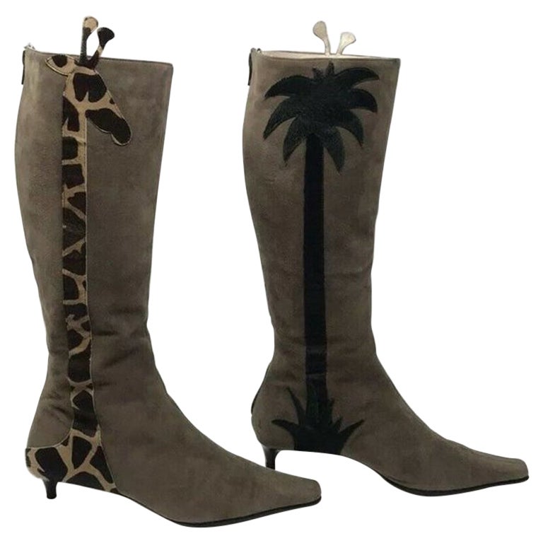 Moschino Brown Olive Suede Giraffe Boots For Sale