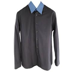 PRADA Size S Black & Blue Cotton Long Sleeve Color Blocked Collar Shirt