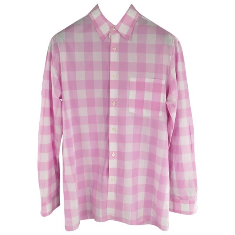 PRADA Men
s Size S Pink Cotton Long Sleeve Checkered Pattern Shirt