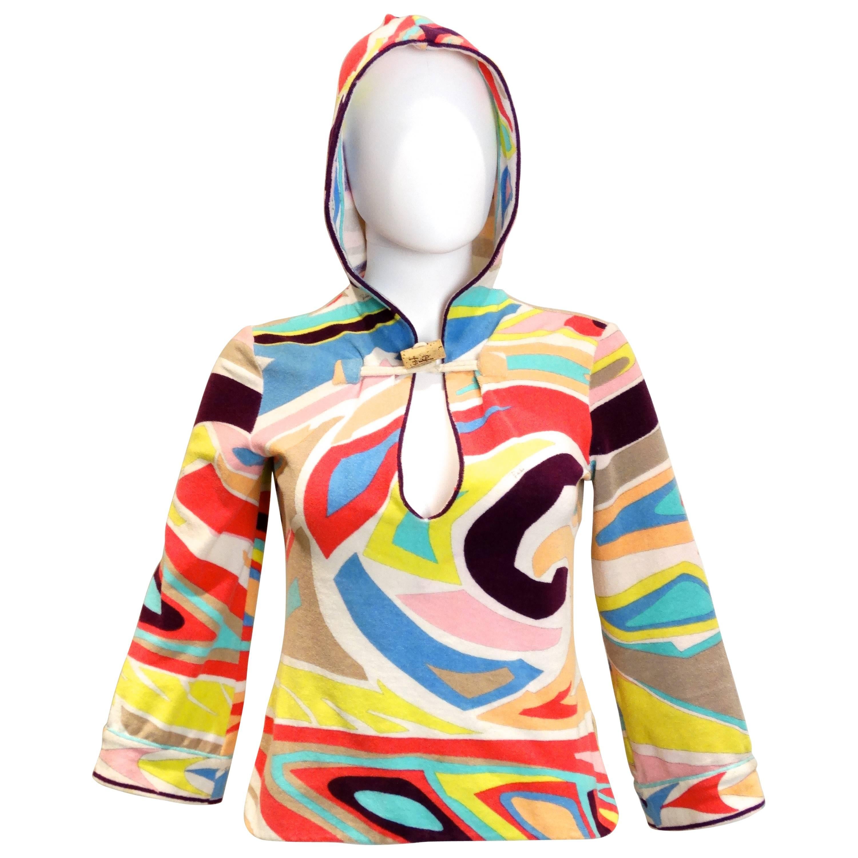 1980S Emilio Pucci Hooded Terry Cloth Pullover w/Cork Toggle