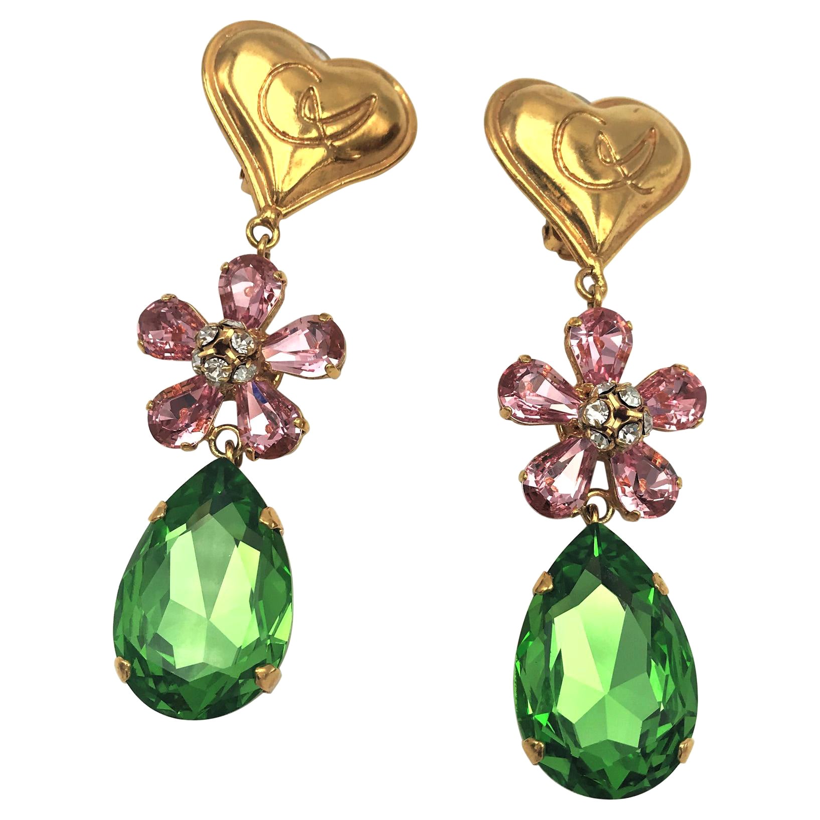 Christian Lacroix Paris clip-on earrings with heart & rhinestones in pink/green For Sale
