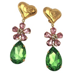 Retro Christian Lacroix Paris clip-on earrings with heart & rhinestones in pink/green