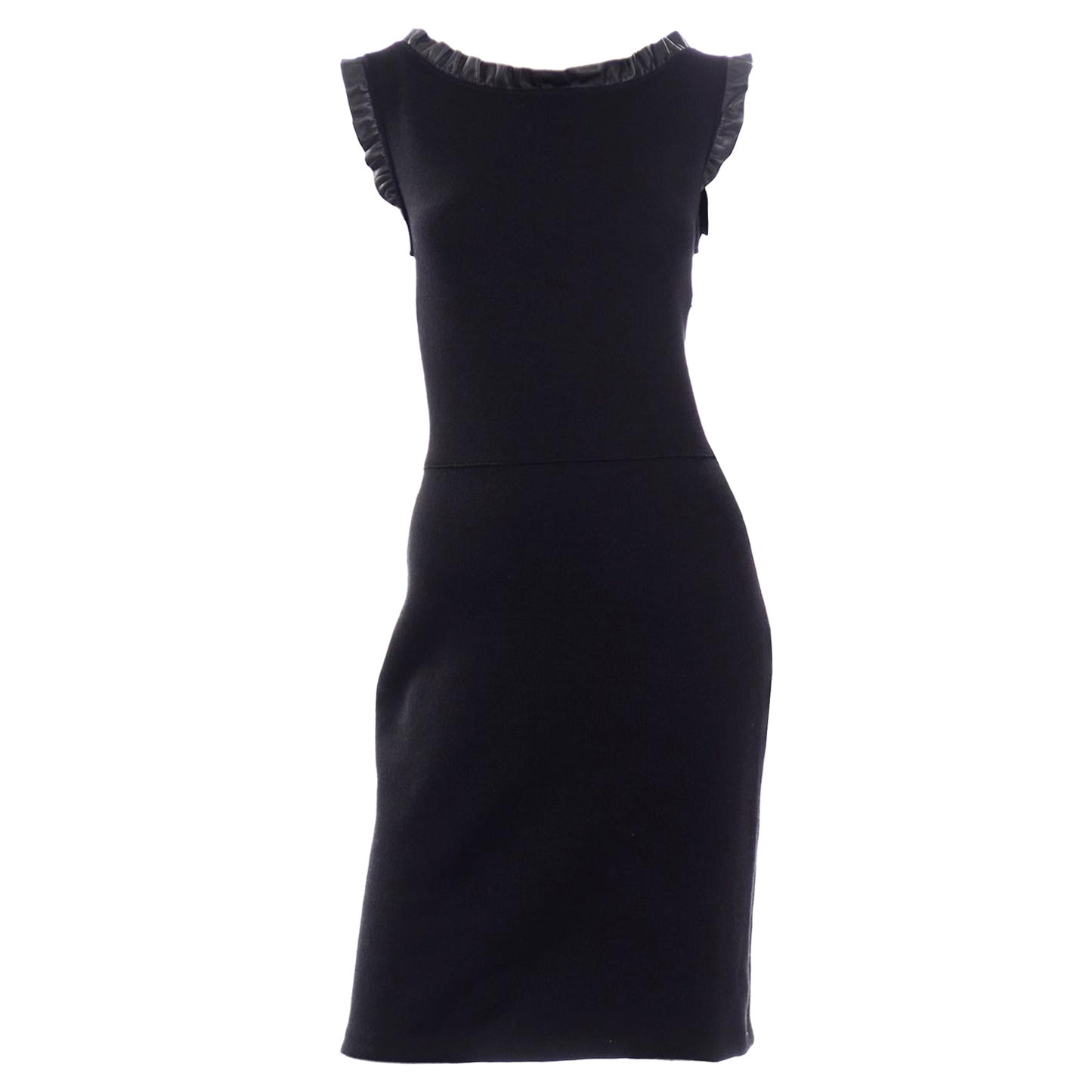 Christian Dior Paris Little Black Dress in Cashmere Silk Blend w Leather Ruffle For Sale