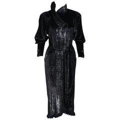 FENDI 365 Circa 1980's Black Reflective Velvet Texture Wrap Dress with Mink 42 4