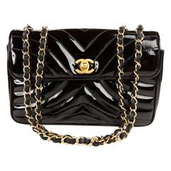 Chanel Black Patent Leather Chevron Flap Bag- medium size