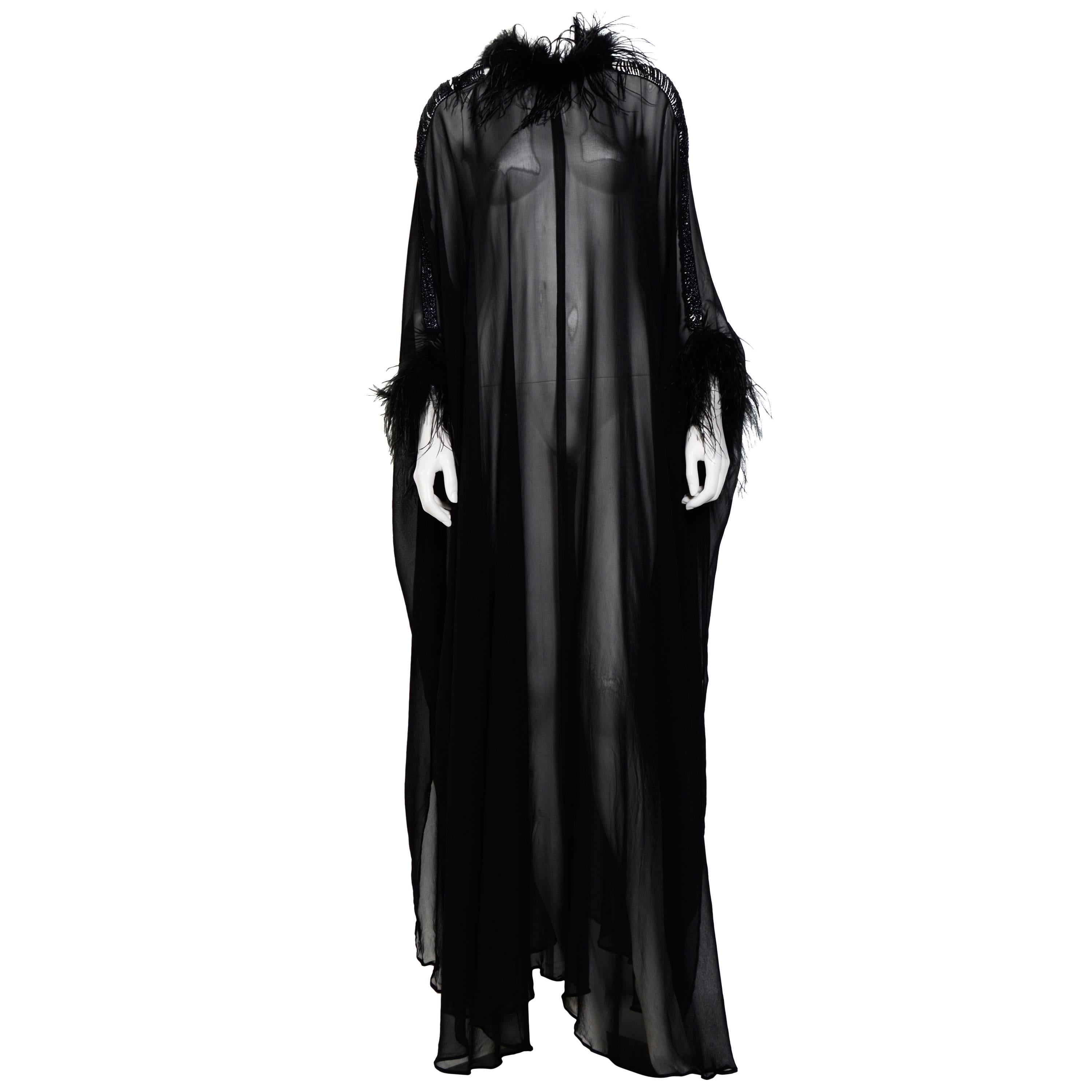 Vintage LORIS AZZARO Couture 70's Black Silk, Feather & Chain Caftan Dress