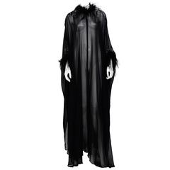 Vintage LORIS AZZARO Couture 70's Black Silk, Feather & Chain Caftan Dress 6