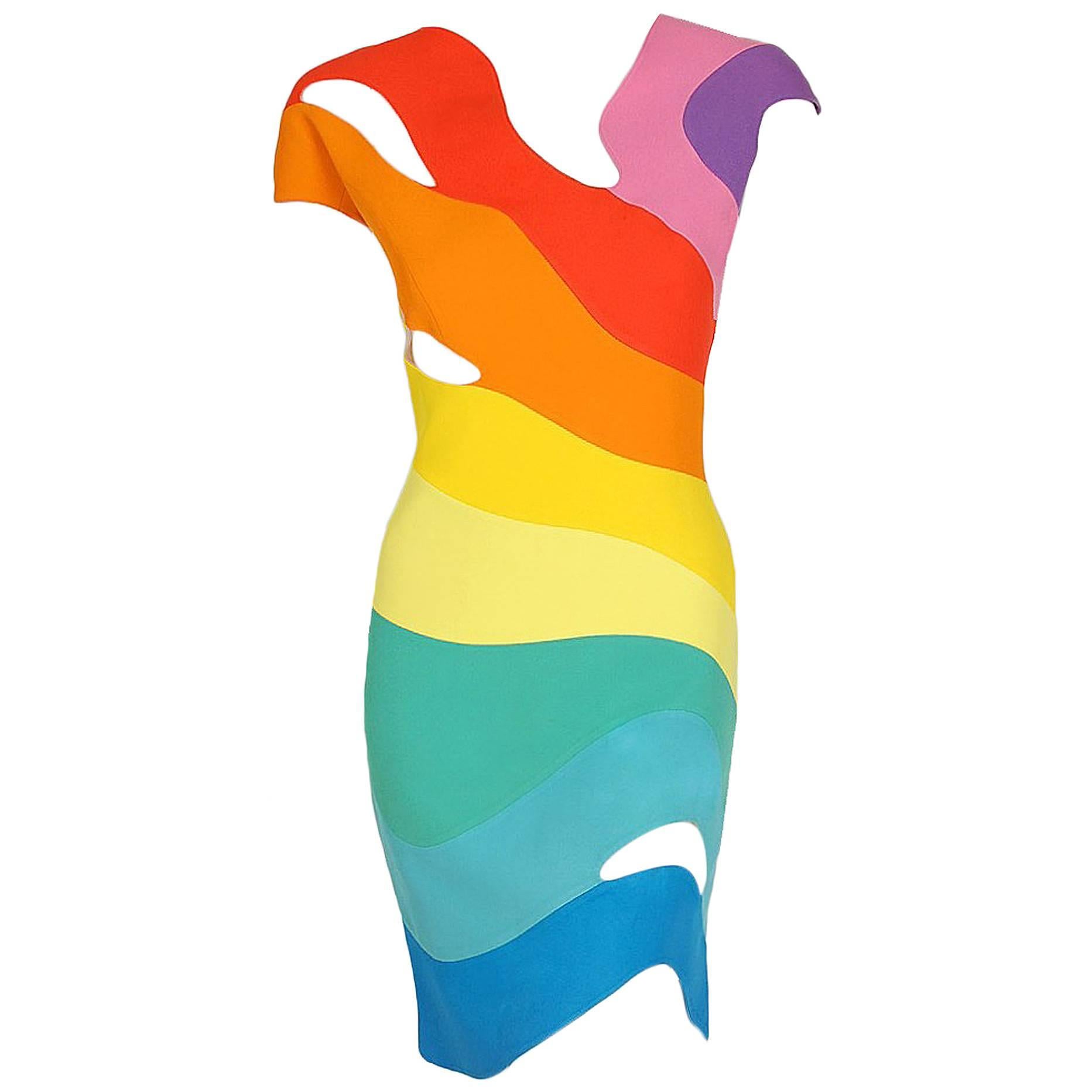 1990 Thierry Mugler Couture Documented Rainbow Bodycon Cut-Out Hourglass Dress