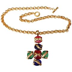 Vintage 1994 Chanel Gilt Chain and Multicolor Cross Necklace