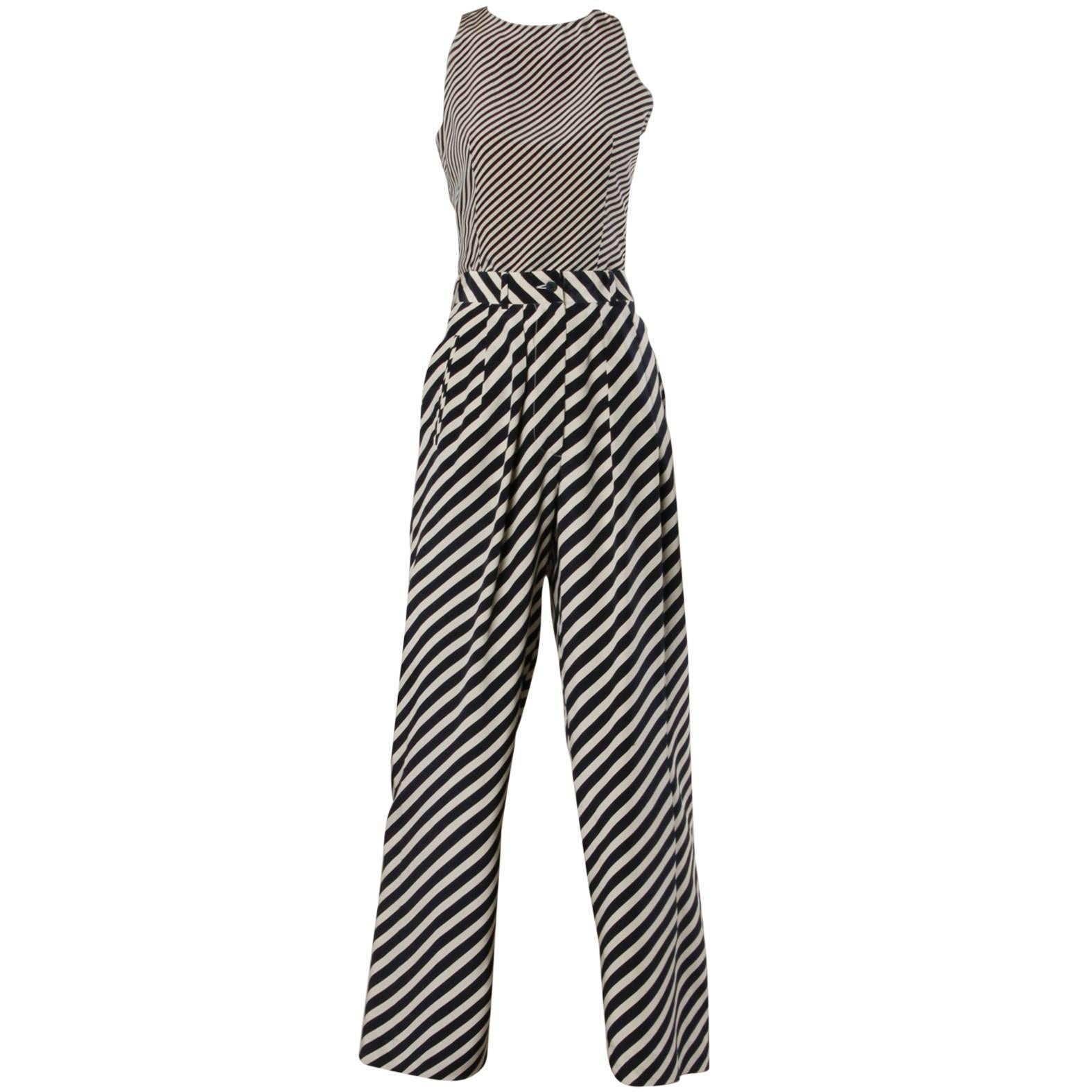 Giorgio Armani Vintage Navy + Beige Silk Striped Pants + Top 2-Piece Ensemble For Sale