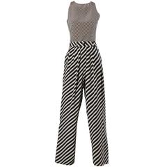 Giorgio Armani Vintage Pantaloni a righe in seta beige e blu e Top 2 pezzi