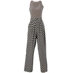 Giorgio Armani Used Navy + Beige Silk Striped Pants + Top 2-Piece Ensemble