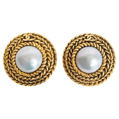 Chanel Braided Gilt Metal and Gray Faux Baroque Pearl Clip On Earrings Vintage
