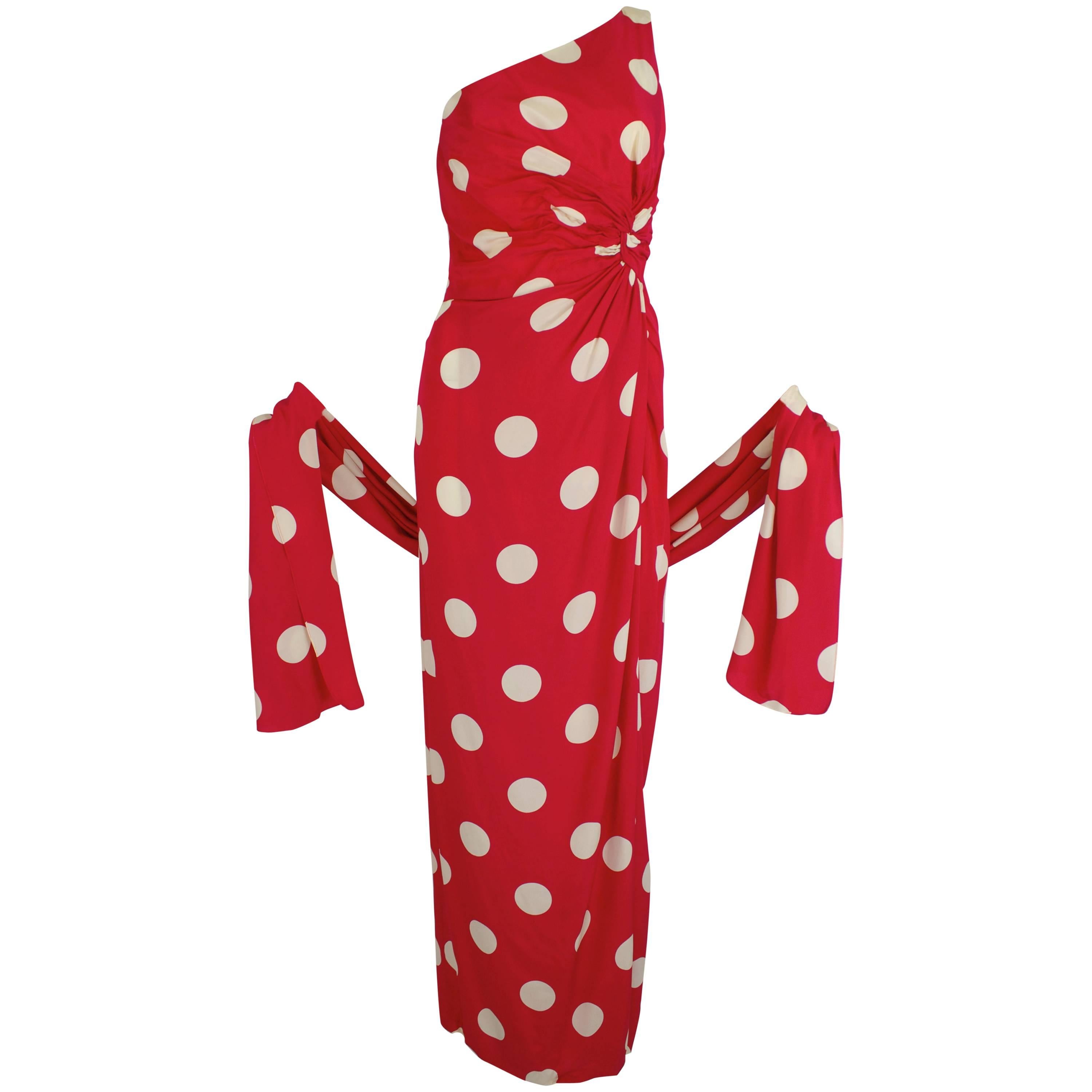 1980s Lillie Rubin Lipstick Red Silk Polka Dot Gown with Wrap