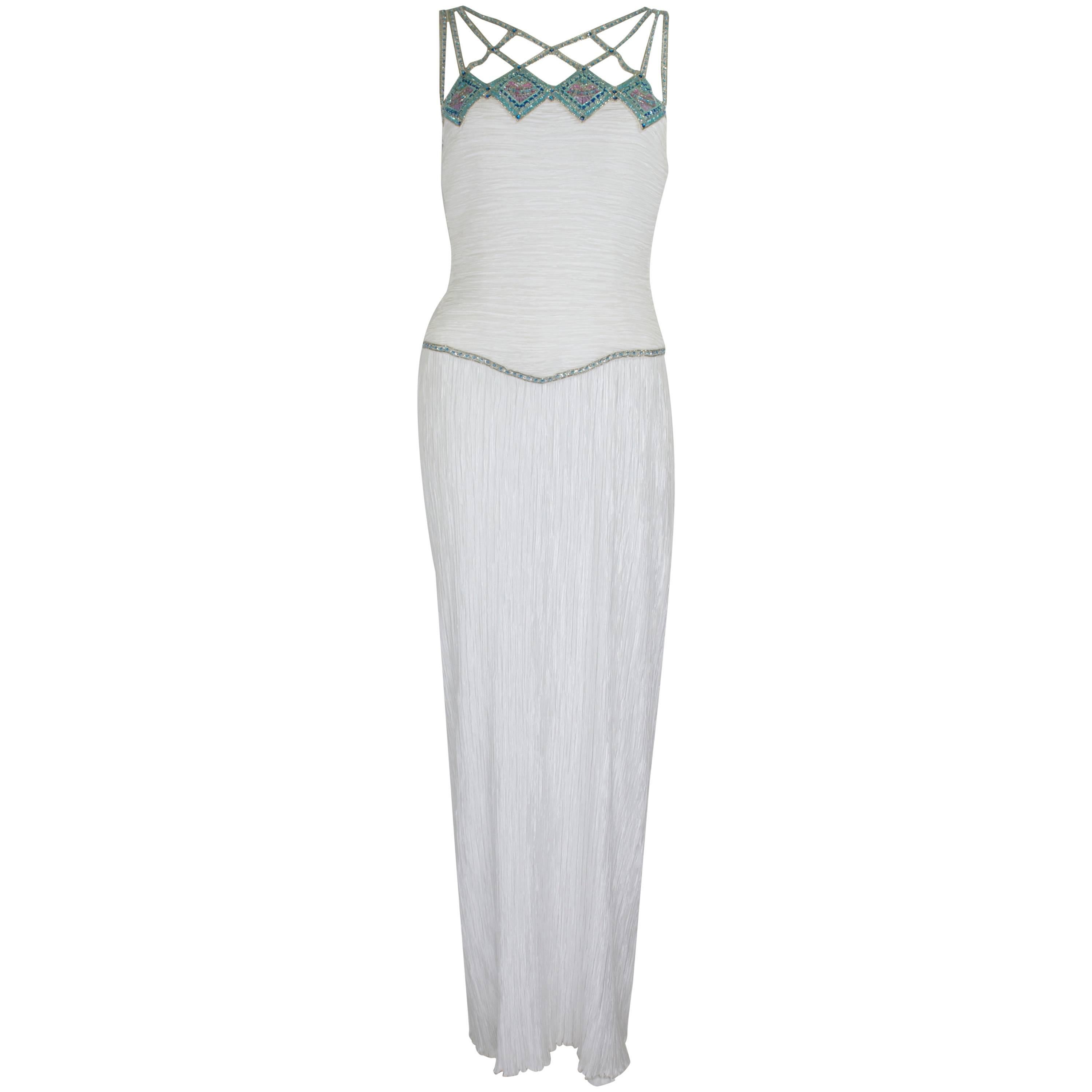1980s Mary McFadden Couture Pleated Column Gown with Beaded Cage Bodice For Sale