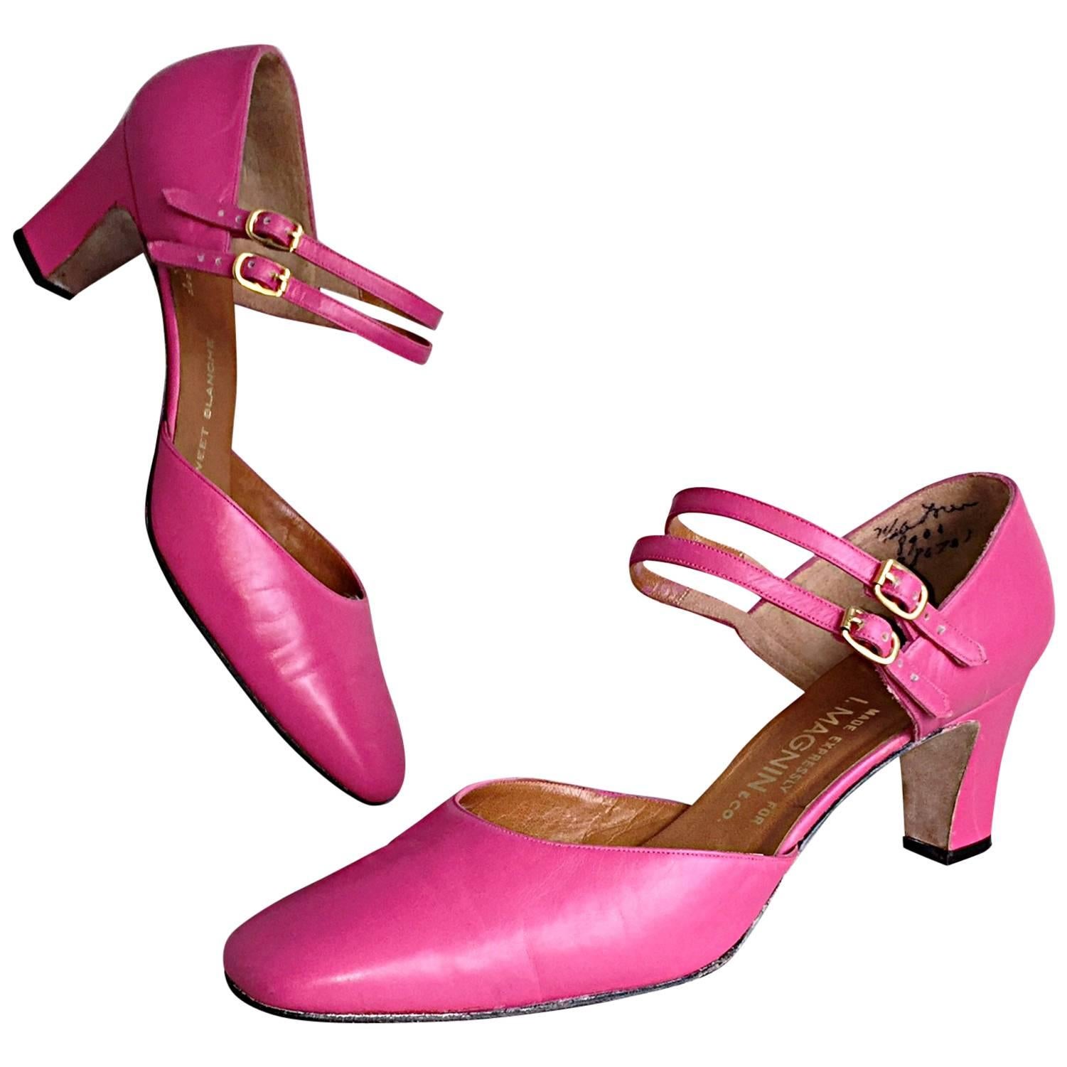 New 1960s David Evins for I. Magnin Hot Pink Size 7.5 Fuchsia Heels Pumps 